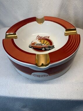 Havana Retro Classic Car Ceramic Ashtray - Red & Gold, Collectors or Smokers
